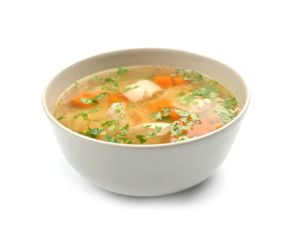 Cuenco con sopa de pollo casera fresca sobre fondo blanco —  Fotos de Stock