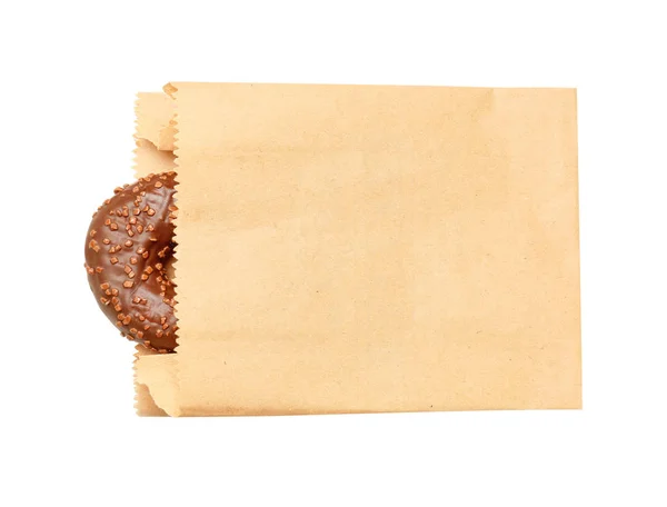 Χαρτί τσάντα με ντόνατ σε άσπρο φόντο, το top view. Χώρος για σχεδίαση — Φωτογραφία Αρχείου