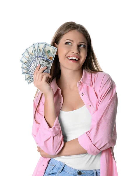 Retrato de jovem feliz com dinheiro no fundo branco — Fotografia de Stock