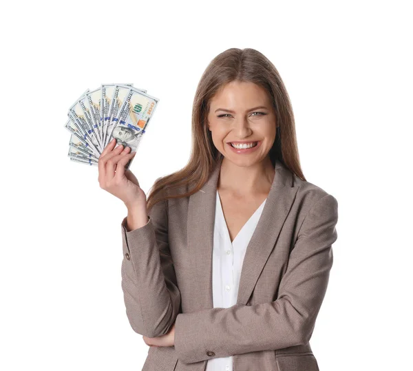 Retrato de jovem empresária feliz com dinheiro no fundo branco — Fotografia de Stock