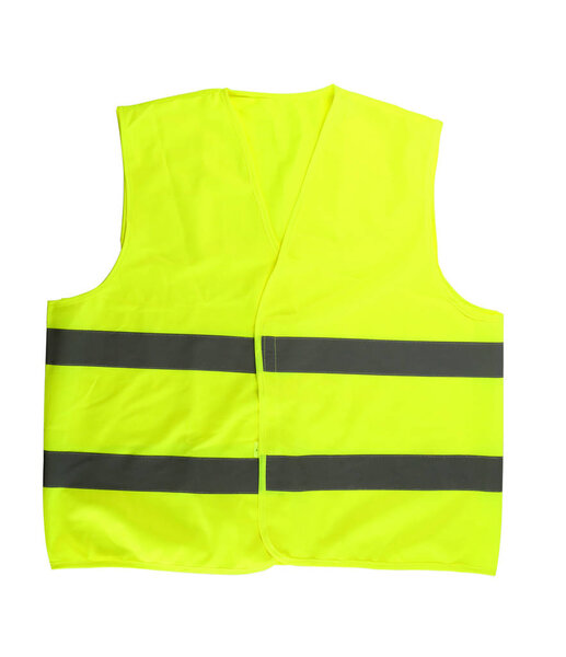 Safety vest on white background, top view. Construction tools and equipment