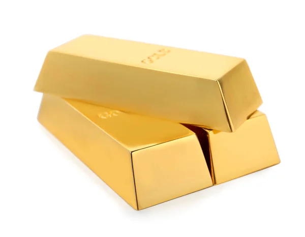 Preciosas barras de oro brillante sobre fondo blanco — Foto de Stock