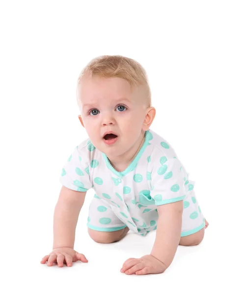 Cute little baby crawling on white background Stock Image