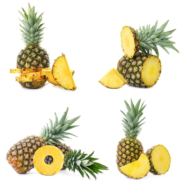 Zestaw słodki tropikalny ananasy na białym tle — Zdjęcie stockowe
