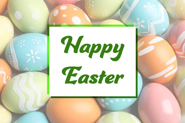Metin mutlu Paskalya ve renkli boyalı yumurta, portre — Stok fotoğraf