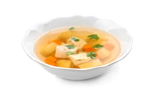 Prato com sopa de frango caseiro fresco no fundo branco — Fotografia de Stock