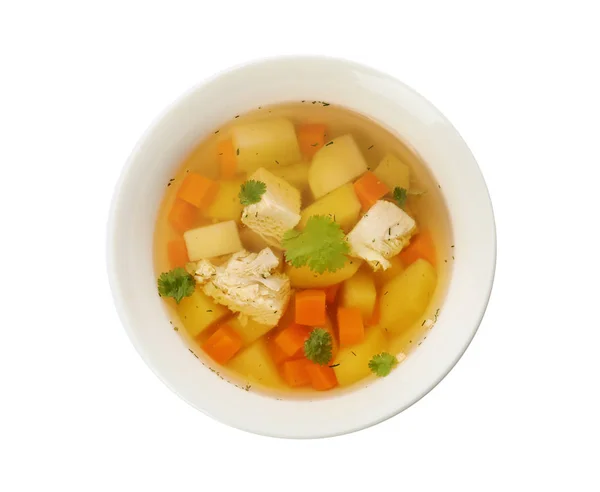 Plato con sopa de pollo casera fresca sobre fondo blanco, vista superior —  Fotos de Stock