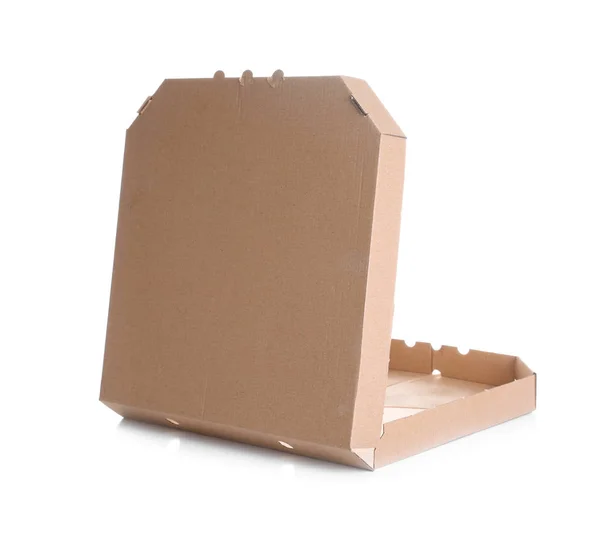 Caja de pizza de cartón abierta sobre fondo blanco. Burla para el diseño —  Fotos de Stock