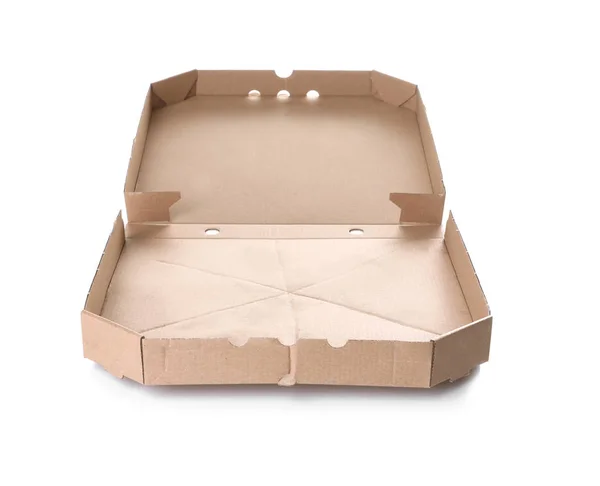 Abrir caixa de pizza de papelão no fundo branco — Fotografia de Stock