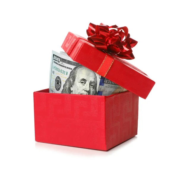 Caja de regalo con billetes de dólar sobre fondo blanco — Foto de Stock