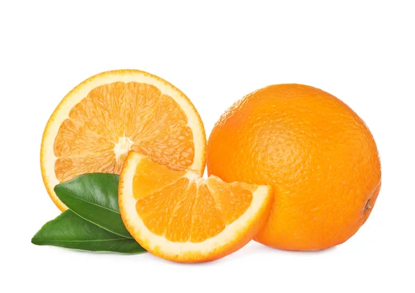 Fresh ripe oranges with leaves isolated on white — Stock Photo, Image