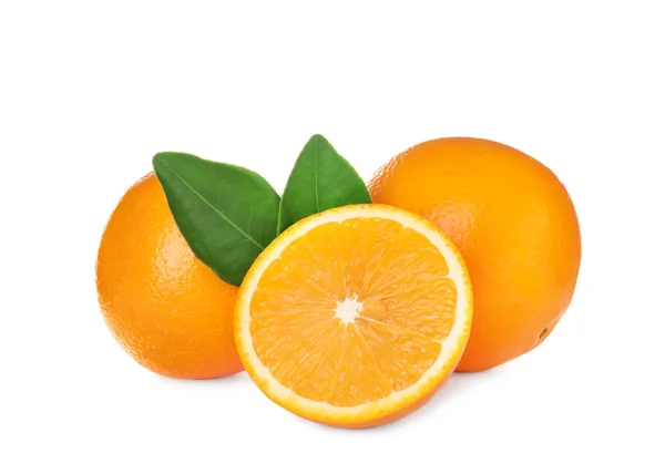 Fresh ripe oranges with leaves isolated on white — Stock Photo, Image