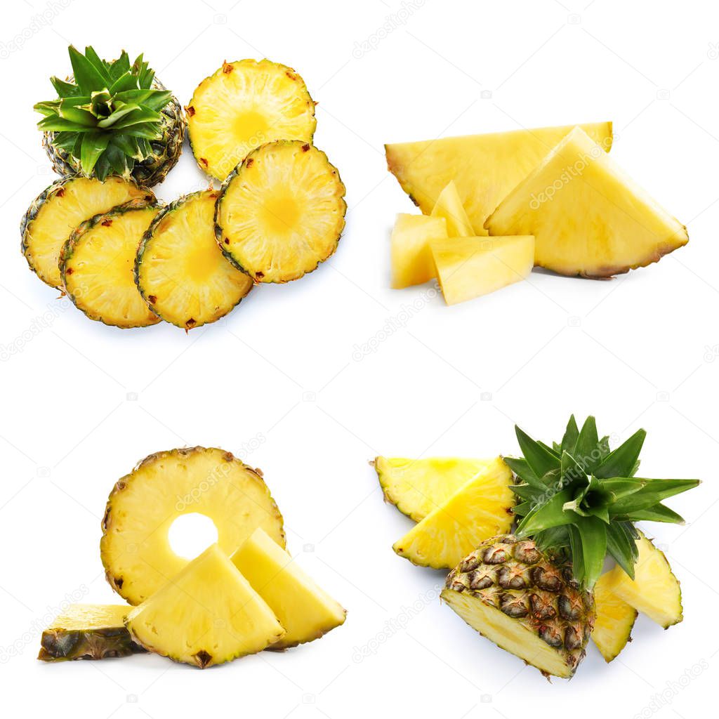 Set of sweet tropical pineapples on white background