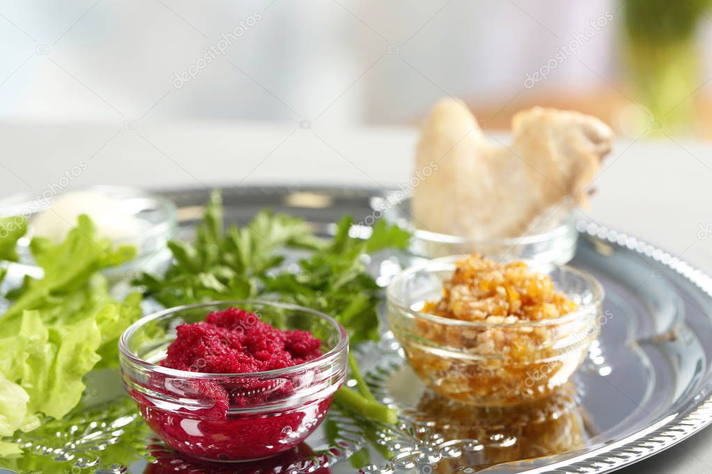 Symbolic meal on traditional Passover (Pesach) Seder plate, closeup. Space for text