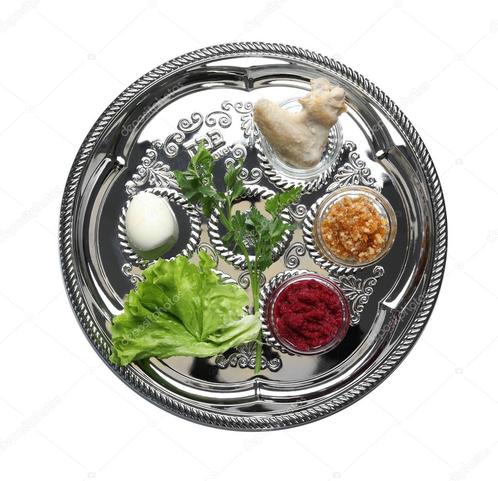 Traditional silver plate with symbolic meal for Passover (Pesach) Seder on white background, top view