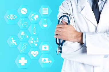 Doktor stetoskop ve renk arka plan karşı sanal simgeler. Tıp ve sağlık sigortası kavramı
