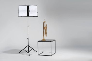 Trompet ve Not müzik sayfaları gri arka plan üzerinde stand. Metin için yer