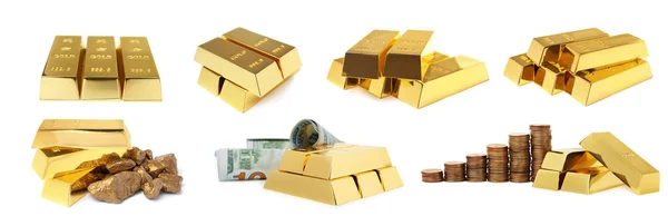 Zestaw błyszczący sztabki złota, bryłki i pieniądze na białym tle — Zdjęcie stockowe
