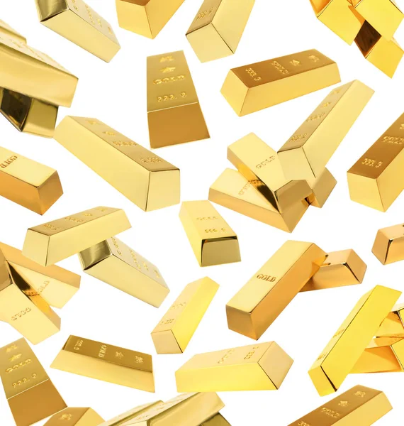 Voando barras de ouro brilhantes no fundo branco — Fotografia de Stock