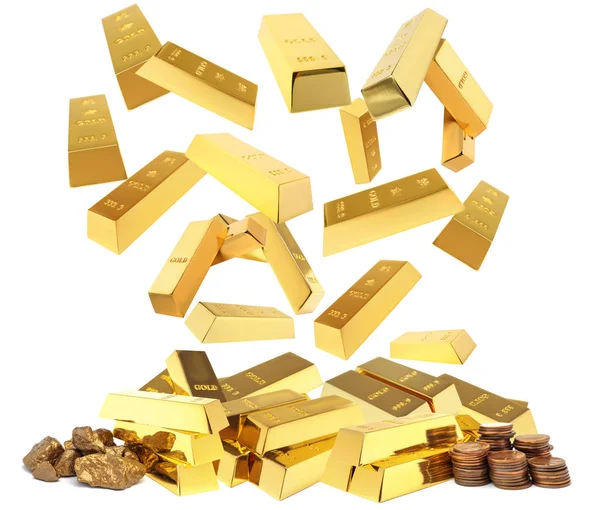 Brillantes barras de oro cayendo en un montón sobre fondo blanco — Foto de Stock