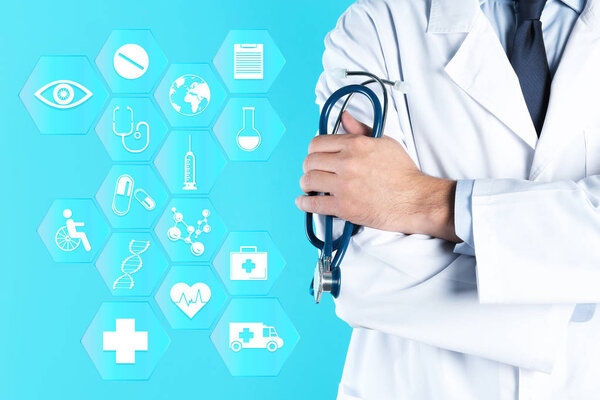 Doctor with stethoscope and virtual icons against color background. Medical and health insurance concept