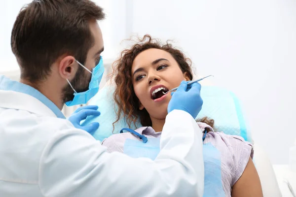 Dentiste examinant les dents de la femme afro-américaine avec une sonde à l'hôpital — Photo