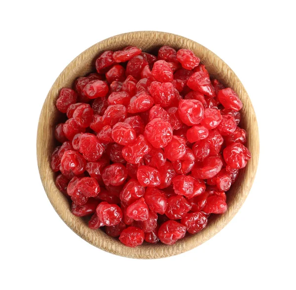 碗与美味的樱桃在白色的背景, 顶视图。干果作为健康食品 — 图库照片