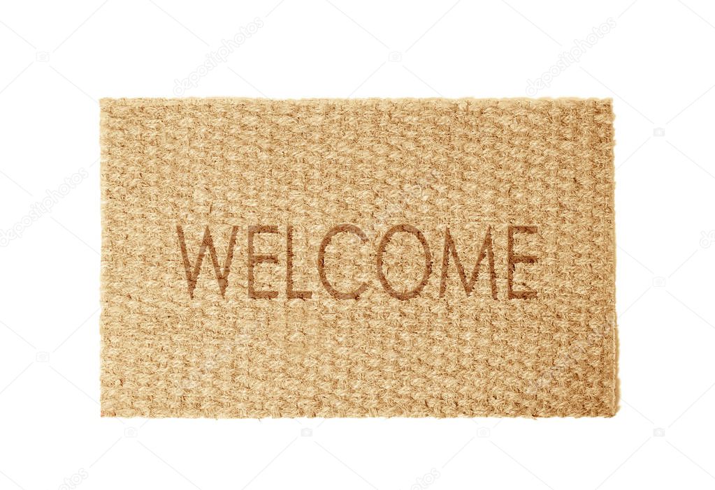 New clean door mat with text WELCOME on white background, top view 