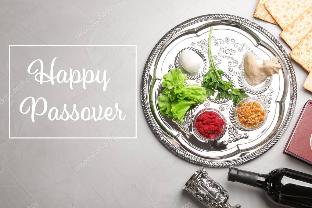 Flat lay composition of symbolic Pesach items on color background. Happy Passover