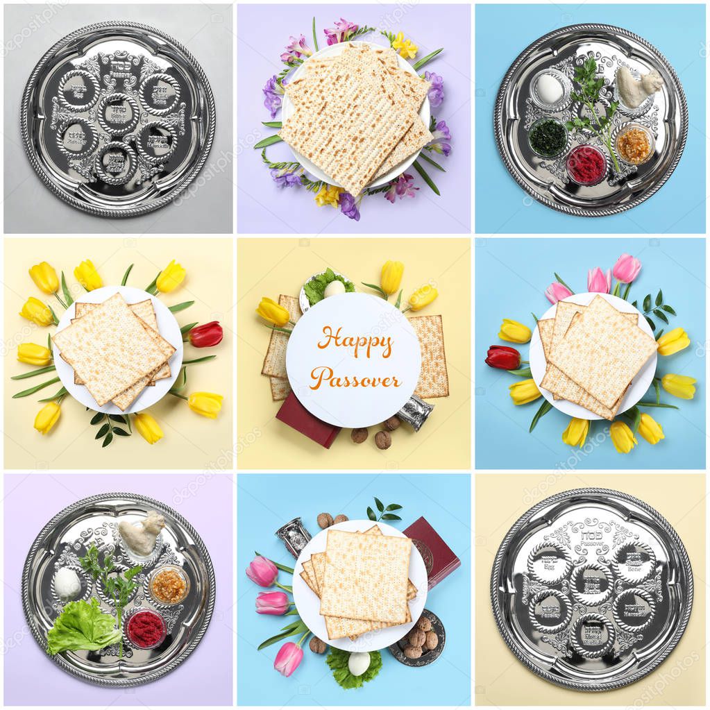 Collage of symbolic Passover (Pesach) meal and dishware on color background, top view