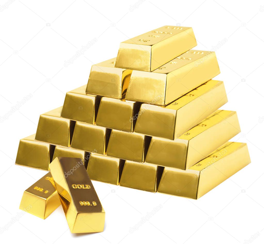 Pyramid of shiny gold bars on white background