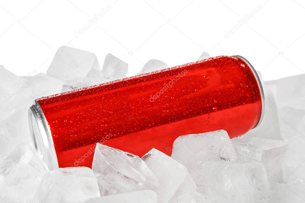 Blank metal red can on ice cubes against white background. Mock up for design