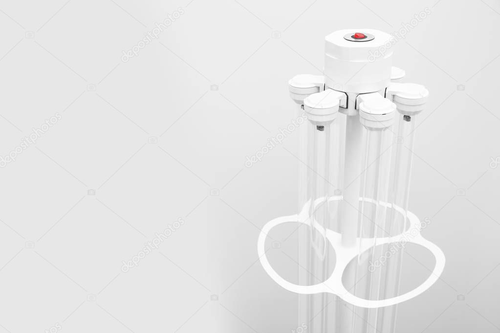Hospital UV disinfection quartz lamps on light background, space for text