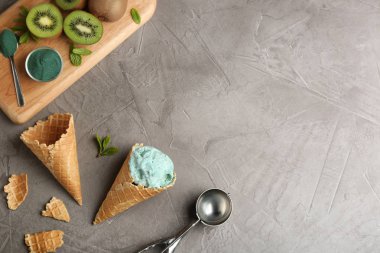 Lezzetli spirulina ile kompozisyon dondurma koni yat ve gri arka plan üzerinde oymak. Metin için yer