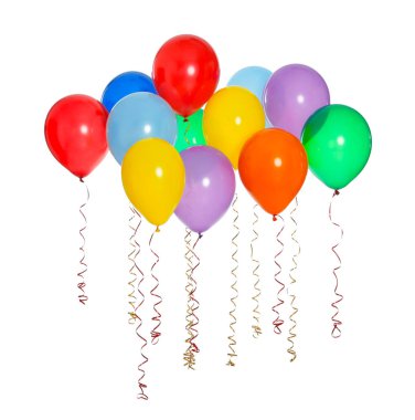 Beyaz arka plan üzerinde yüzen birçok renkli balon