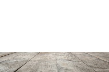 Beyaz arka plan boş ahşap yüzey. Mockup tasarım için