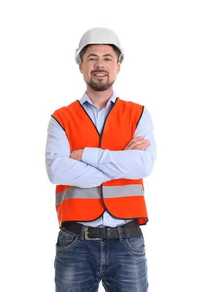 Engenheiro industrial masculino em uniforme sobre fundo branco. Equipamento de segurança — Fotografia de Stock