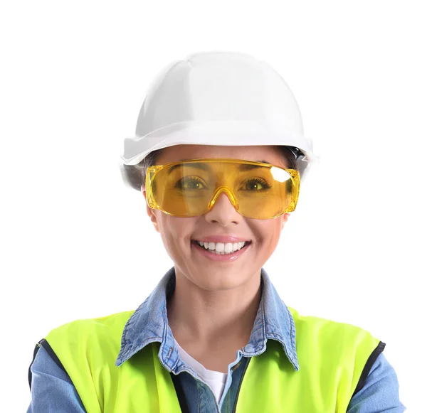 Женщина-промышленный инженер в форме на белом фоне. Оборудование для безопасности — стоковое фото