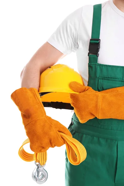 Ouvrier industriel masculin en uniforme sur fond blanc, gros plan. Équipement de sécurité — Photo