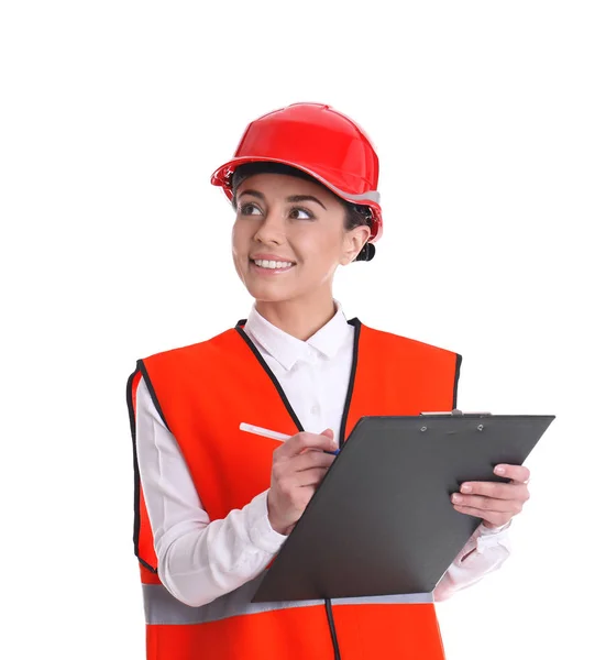 Ženské inženýr v uniformě s schránky na bílém pozadí. Bezpečnostní vybavení — Stock fotografie