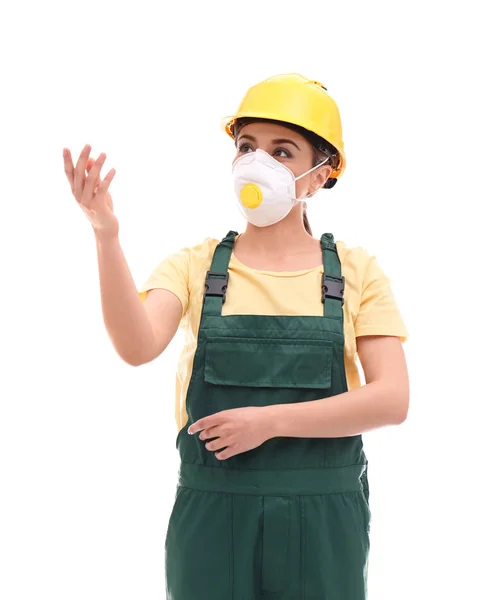 Female industrial worker in uniform on white background. Safety equipment — Stock Photo, Image