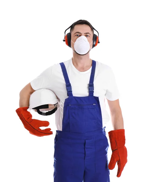 Ouvrier industriel masculin en uniforme sur fond blanc. Équipement de sécurité — Photo