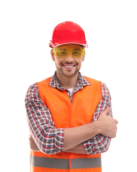 Ingeniero industrial masculino en uniforme sobre fondo blanco. Equipo de seguridad —  Fotos de Stock