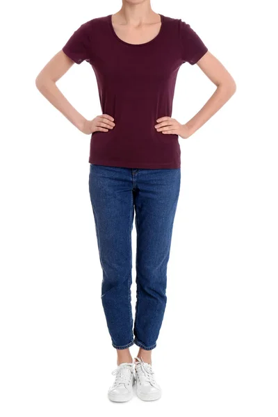 Junge schlanke Frau auf weißem Hintergrund, Nahaufnahme. Gewichtsverlust — Stockfoto