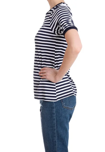 Mladá štíhlá žena na bílém pozadí, closeup. Ztráta hmotnosti — Stock fotografie
