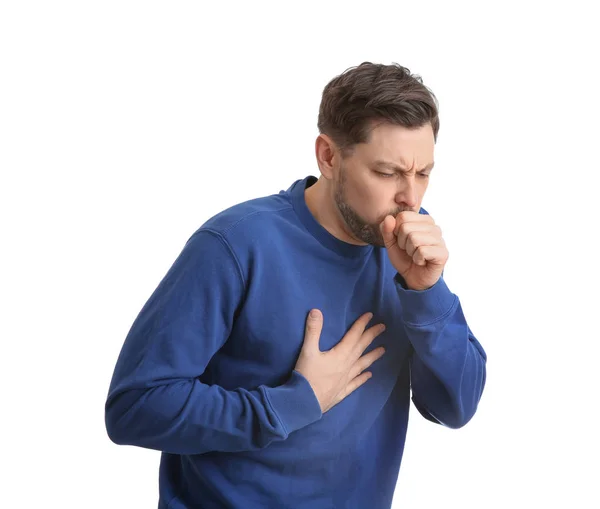 Hombre que sufre de tos aislado en blanco — Foto de Stock