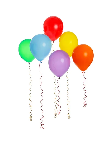Veel kleurrijke ballonnen drijvend op witte achtergrond — Stockfoto