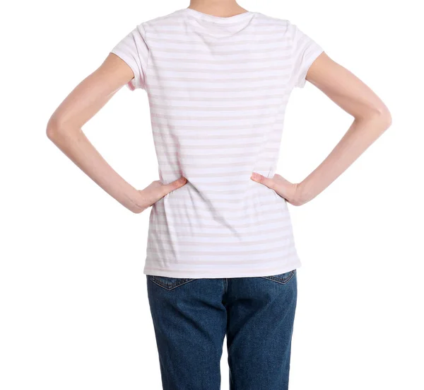 Giovane donna magra su sfondo bianco, primo piano. Perdita di peso — Foto Stock