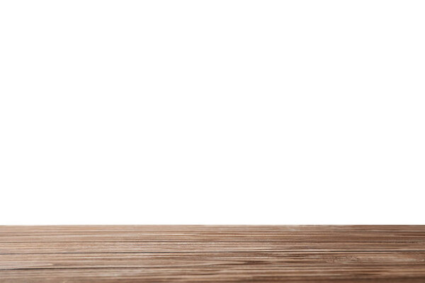 Empty wooden surface against white background. Mockup for design