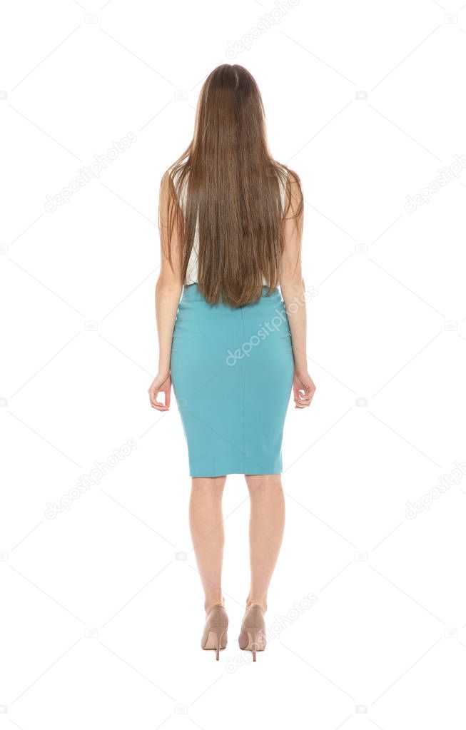 Young long haired woman posing on white background